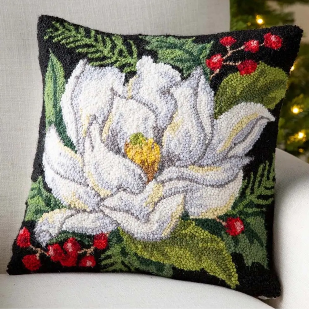 White Magnolia Blossom W/ Leaves Hand-Hooked Wool Throw Pillow Black Background